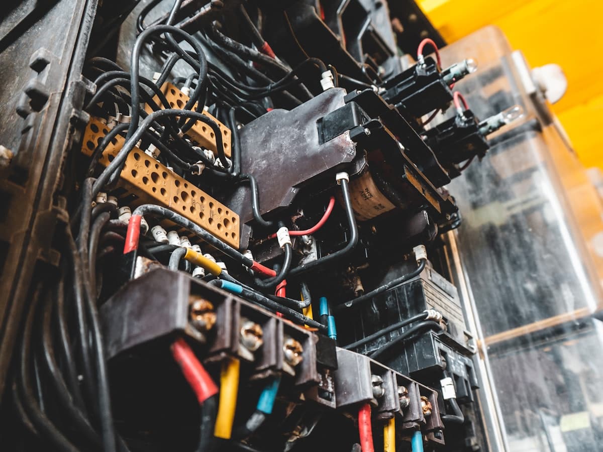 A close-up of industrial electrical wiring and relays